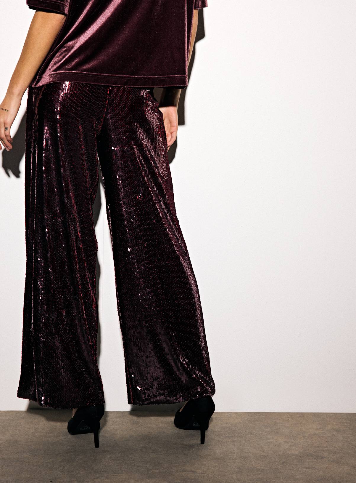 Burgundy Sequin Embellished Wide Tailored Trousers  12L - Image 4